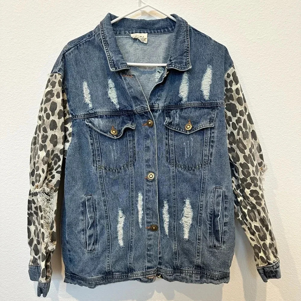 BiBi Distressed mixed print denim and leopard jacket Medium